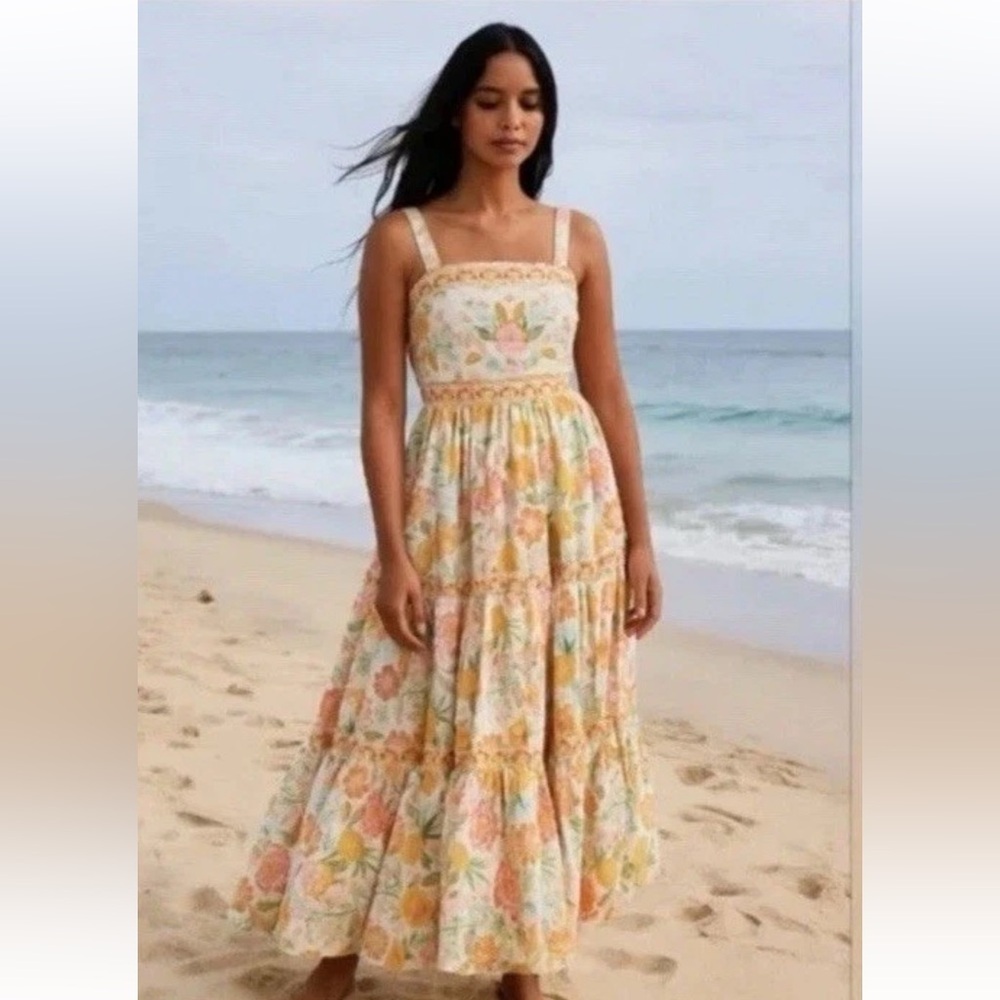 Rachel Zoe Floral Boho Tiered Ruffle Maxi Dress Pineapple Tropical Cotton Size 4 - Picture 1 of 14